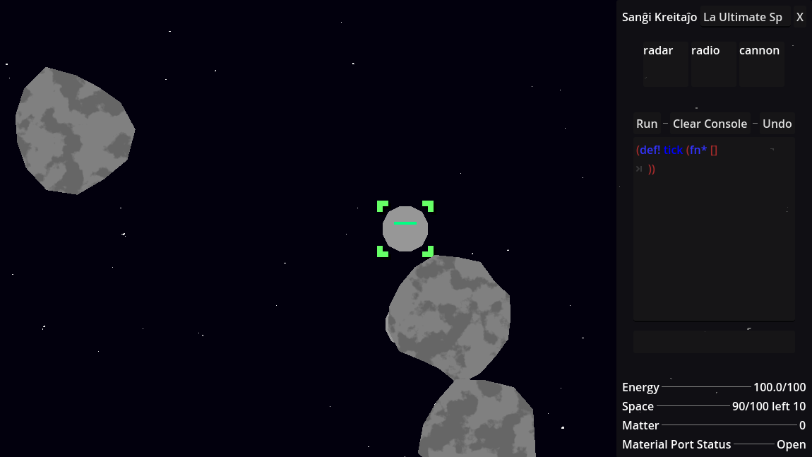 an image with a space probe in the center and a right-hand-side panel with buttons and controls.